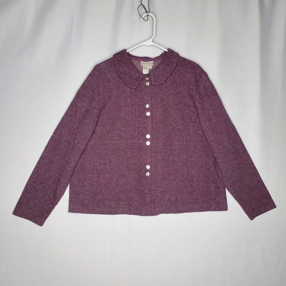 Coldwater Creek Womens 1X Purple Heather Knit Skirt Cardigan Top Set Midi H13534